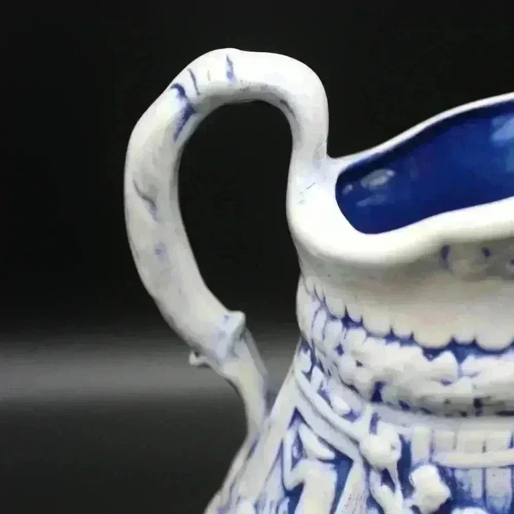VINTAGE SIGNED CERAMIC POTTERY PITCHER JUG BLUE WASHED/RELIEF TAVERN SCENE